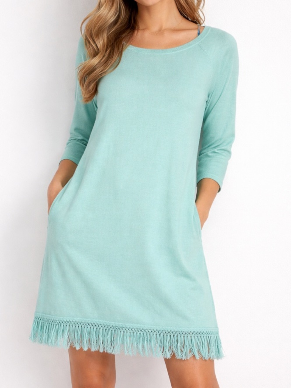 Sail to Sable Sweater Dress Large Aqua Green Fringe Hem Long Sleeve Boho Knit